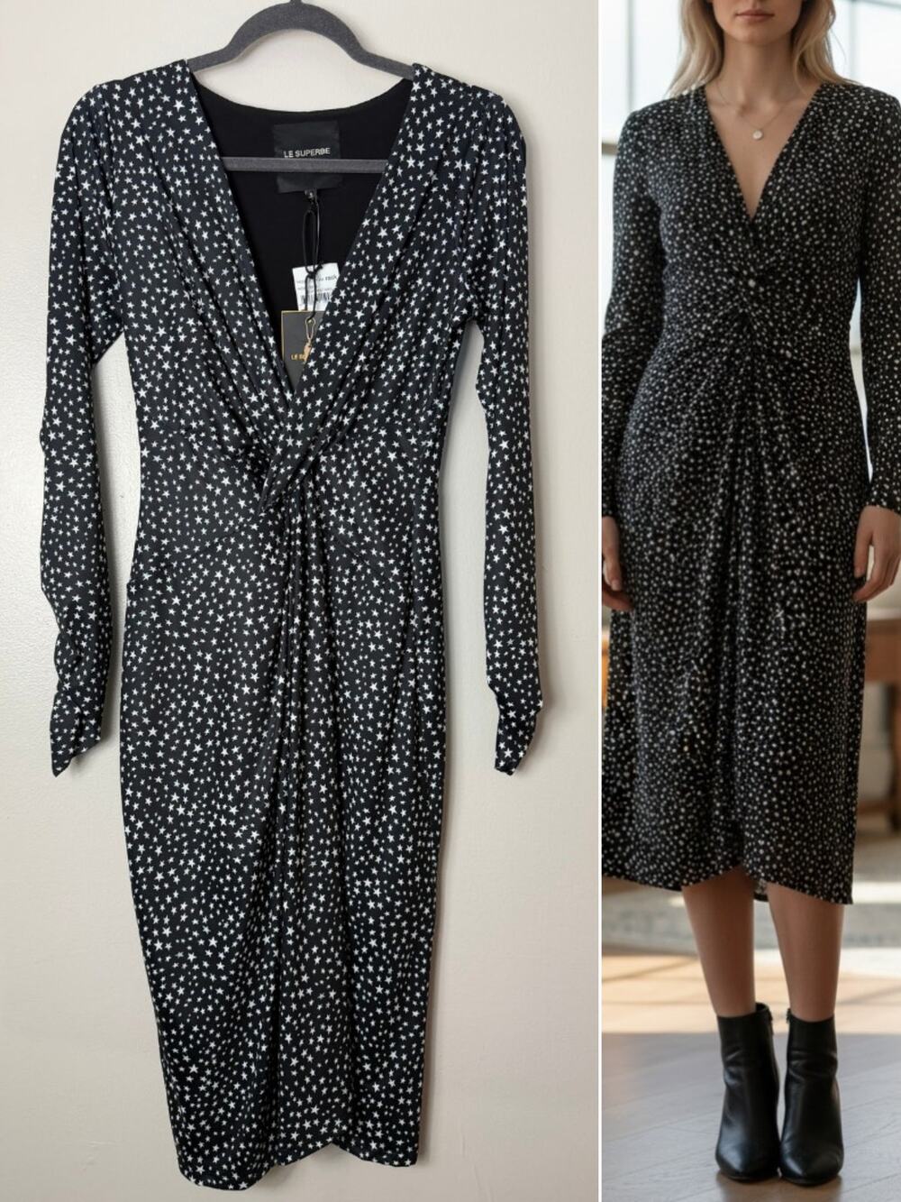 Le Superbe Black Star Print Midi Dress Celestial Whimsigoth Long Sleeve
